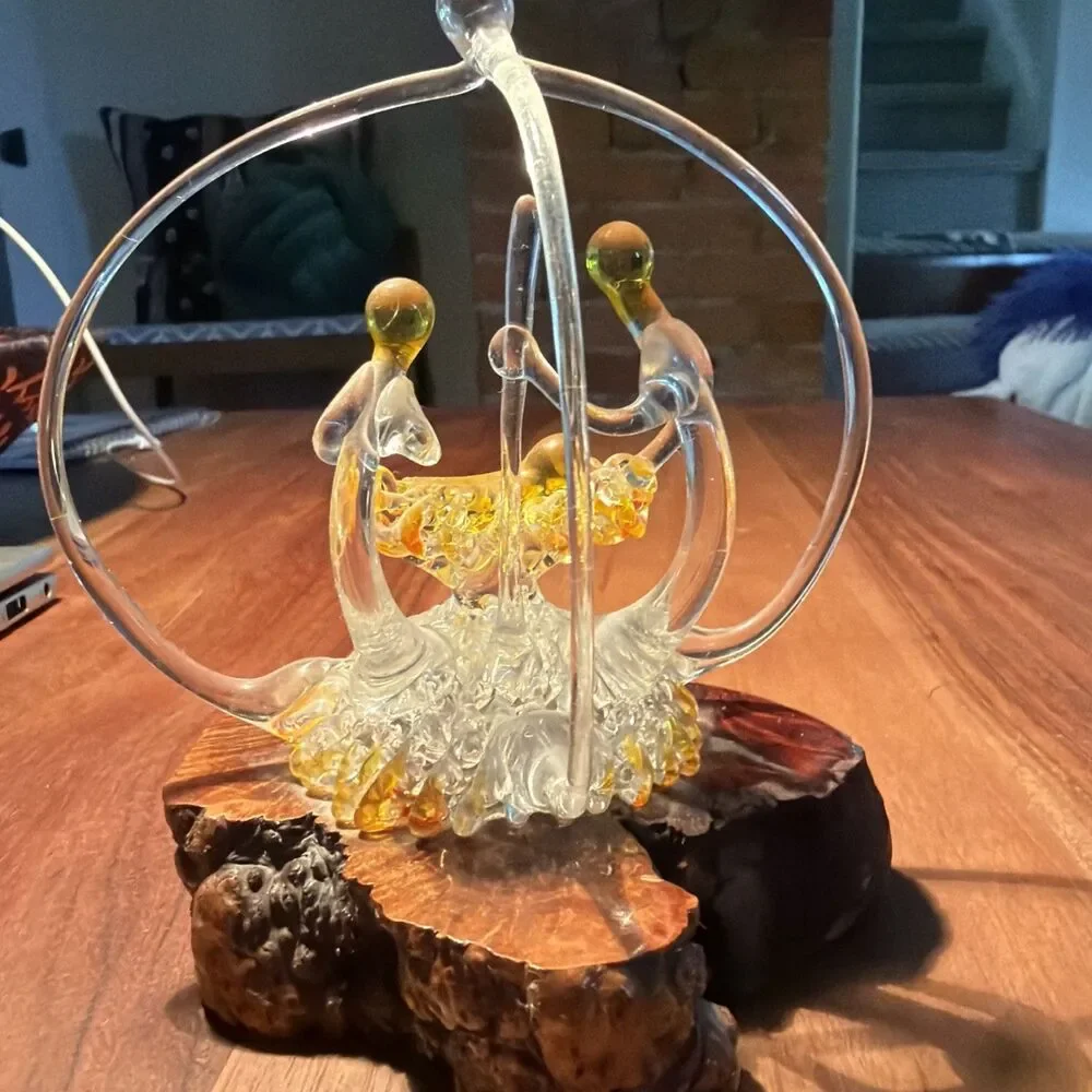 Vintage Spun Lamp Glass Nativity Scene On Live Edge Wood Block- 5.5”x4.5”